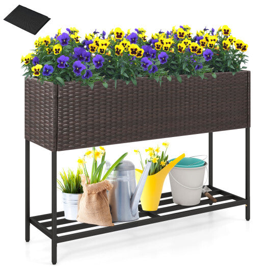 Wicker Raised Garden Bed with Storage Shelf and Drainage Gaps for Flowers W2B