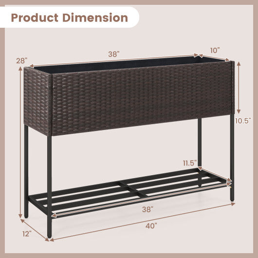 Wicker Raised Garden Bed with Storage Shelf and Drainage Gaps for Flowers W2B