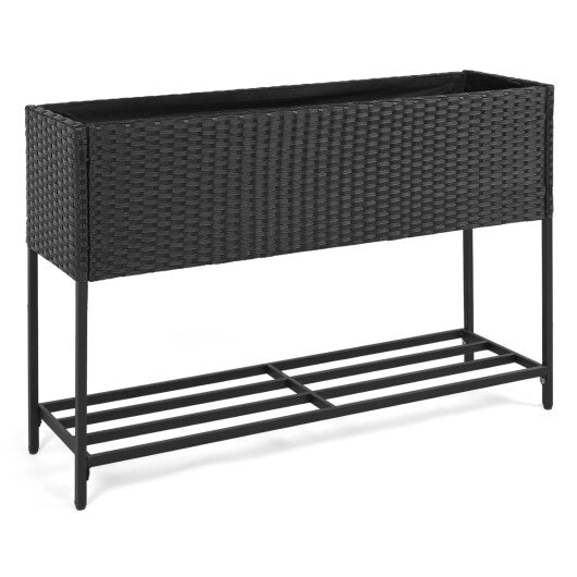 Wicker Raised Garden Bed with Storage Shelf and Drainage Gaps for Flowers W2B