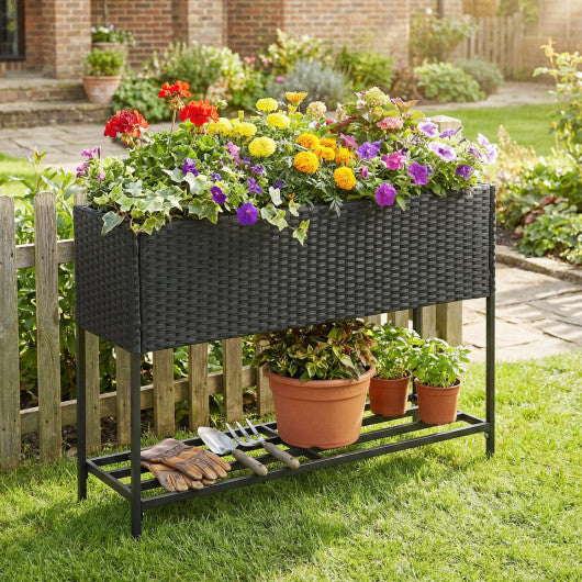 Wicker Raised Garden Bed with Storage Shelf and Drainage Gaps for Flowers W2B