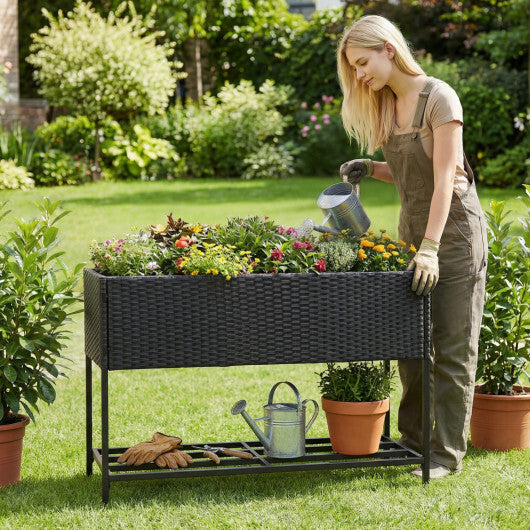 Wicker Raised Garden Bed with Storage Shelf and Drainage Gaps for Flowers W2B
