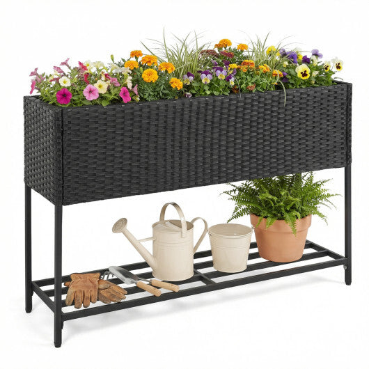 Wicker Raised Garden Bed with Storage Shelf and Drainage Gaps for Flowers W2B