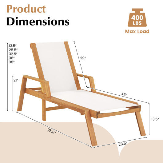 Patio Chaise Lounge Chair with Armrests and Fabric Seat for Backyard-White