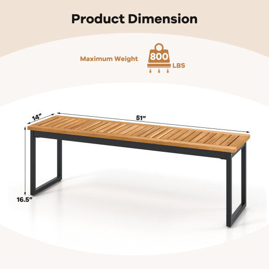 Patio Dining Bench Backless with Slatted Seat and Metal Legs