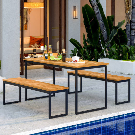 Patio Dining Bench Backless with Slatted Seat and Metal Legs