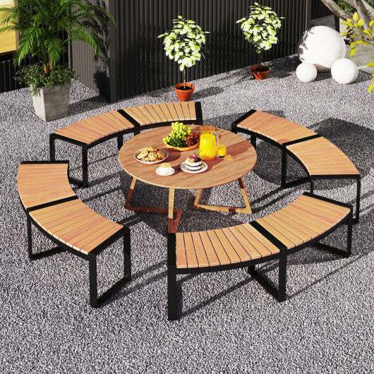 Patio Curved Bench with Slatted Seat and Metal Legs-1 Piece