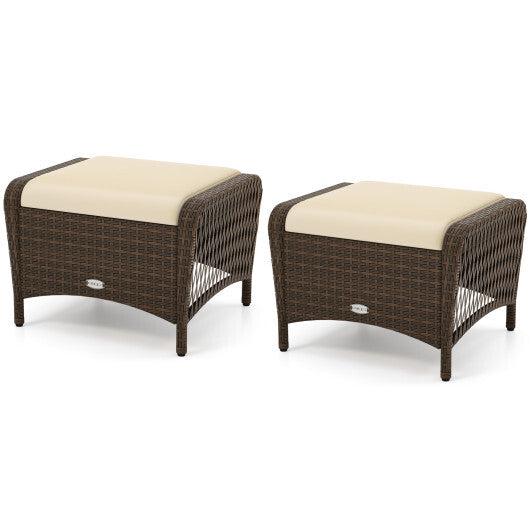 Set of 2 Outdoor Patio PE Wicker Ottomans with Removable Cushions-Beige W2B