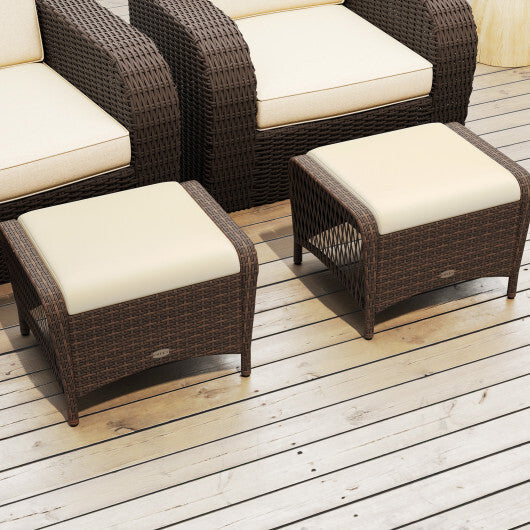 Set of 2 Outdoor Patio PE Wicker Ottomans with Removable Cushions-Beige W2B