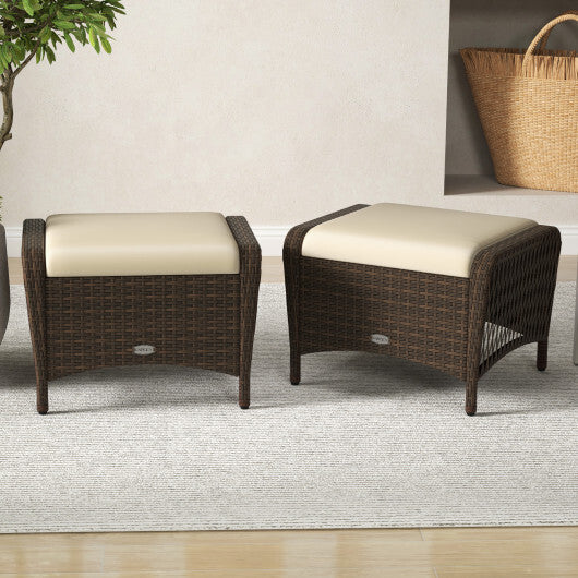 Set of 2 Outdoor Patio PE Wicker Ottomans with Removable Cushions-Beige W2B