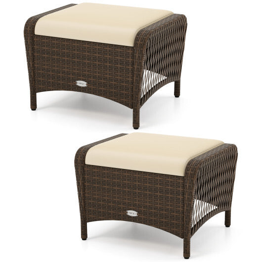 Set of 2 Outdoor Patio PE Wicker Ottomans with Removable Cushions-Beige W2B