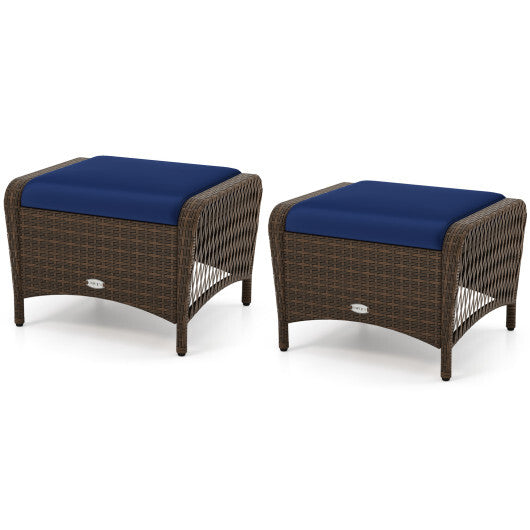 Set of 2 Outdoor Patio PE Wicker Ottomans with Removable Cushions-Beige W2B