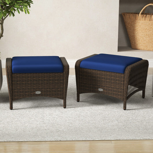Set of 2 Outdoor Patio PE Wicker Ottomans with Removable Cushions-Beige W2B