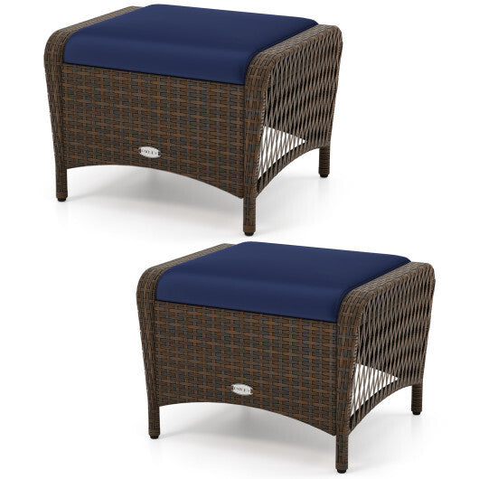 Set of 2 Outdoor Patio PE Wicker Ottomans with Removable Cushions-Beige W2B