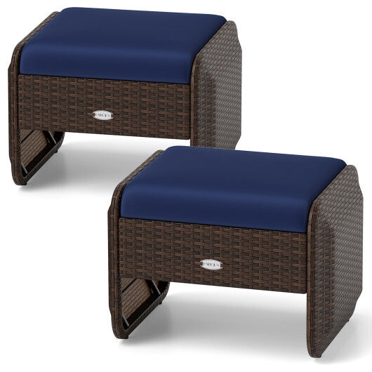 2 Pieces Outdoor Patio PE Wicker Ottomans with Removable Cushions-Brown