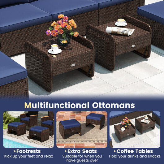 2 Pieces Outdoor Patio PE Wicker Ottomans with Removable Cushions-Brown