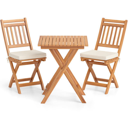 Outdoor Wood Bistro Set with Soft Seat Cushions and Table-White