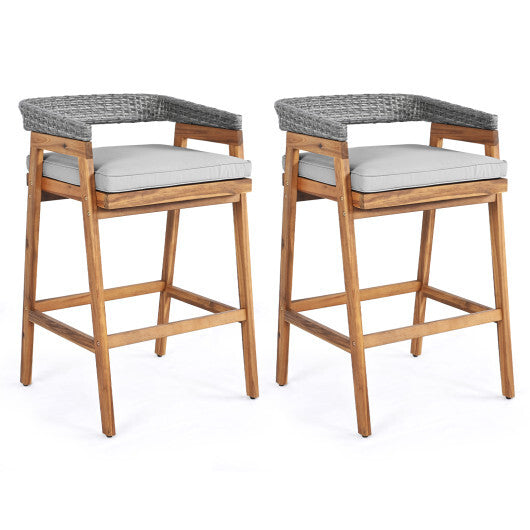 Set of 2 Patio Acacia Wood Counter Height Bar Stools with Cushions and PE Wicker Backrests Footrests-Gray