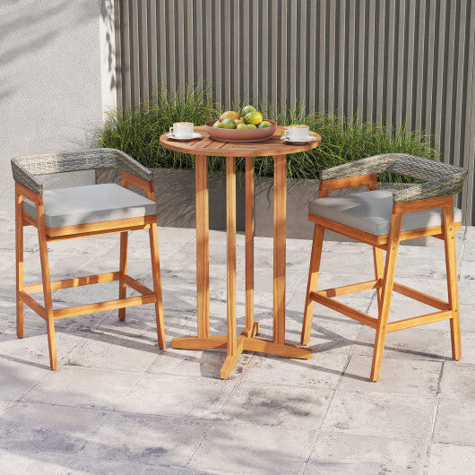 Set of 2 Patio Acacia Wood Counter Height Bar Stools with Cushions and PE Wicker Backrests Footrests-Gray
