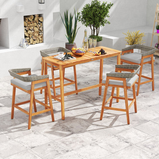 Set of 2 Patio Acacia Wood Counter Height Bar Stools with Cushions and PE Wicker Backrests Footrests-Gray