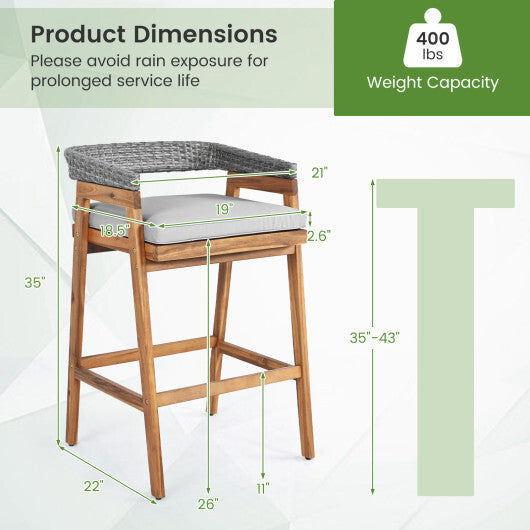Set of 2 Patio Acacia Wood Counter Height Bar Stools with Cushions and PE Wicker Backrests Footrests-Gray