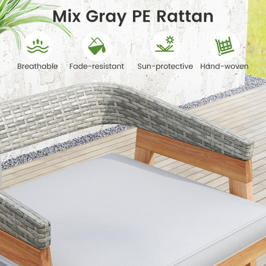 Set of 2 Patio Acacia Wood Counter Height Bar Stools with Cushions and PE Wicker Backrests Footrests-Gray