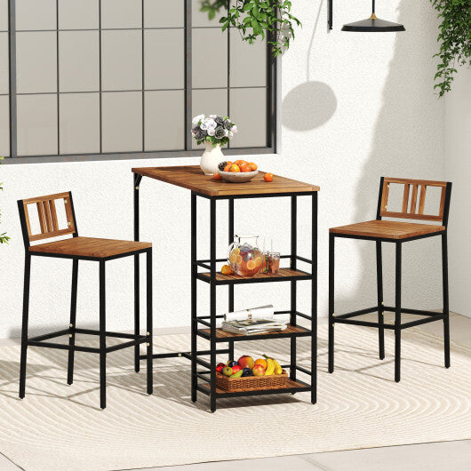3 Pieces Outdoor Wood Bar Set with 3-Tier Storage Shelf and Metal Frame