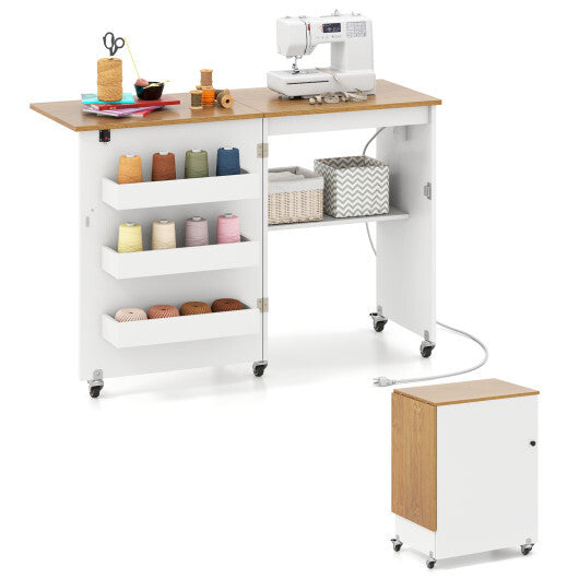 Sewing Machine Table with Charging Station and Lockable Casters-Natural