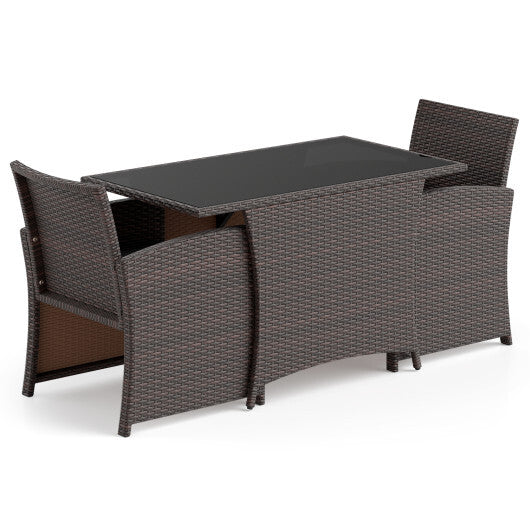 3 Piece Patio Wicker Dining Set with Rectangle Tempered Glass Dining Table-Brown