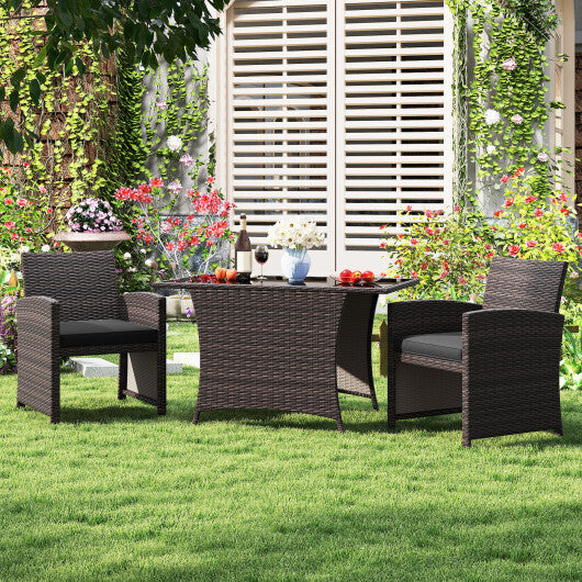 3 Piece Patio Wicker Dining Set with Rectangle Tempered Glass Dining Table-Brown