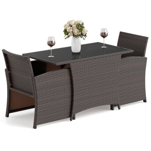 3 Piece Patio Wicker Dining Set with Rectangle Tempered Glass Dining Table-Brown
