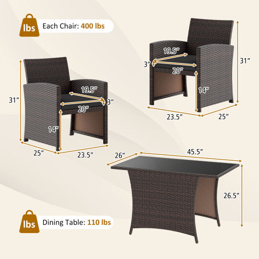 3 Piece Patio Wicker Dining Set with Rectangle Tempered Glass Dining Table-Brown