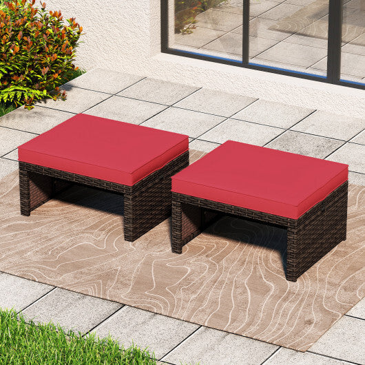 Multipurpose Outdoor 2 Pieces Patio PE Rattan Ottomans Footstool-Red