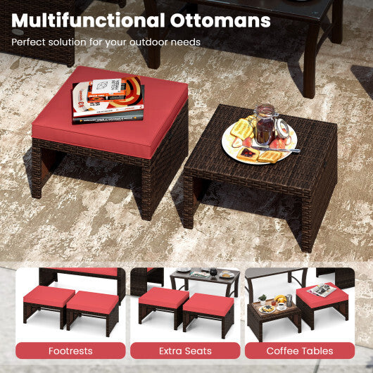 Multipurpose Outdoor 2 Pieces Patio PE Rattan Ottomans Footstool-Red