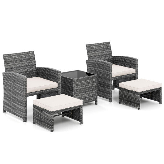 5 Pieces Patio Furniture Set PE Wicker Outdoor Lounge Chairs with 2 Ottomans-White