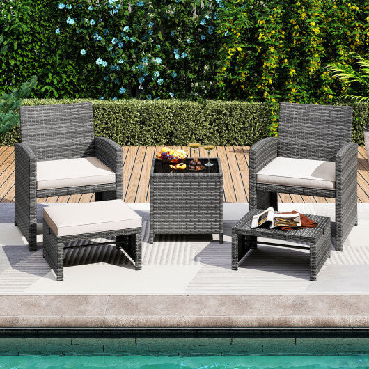 5 Pieces Patio Furniture Set PE Wicker Outdoor Lounge Chairs with 2 Ottomans-White