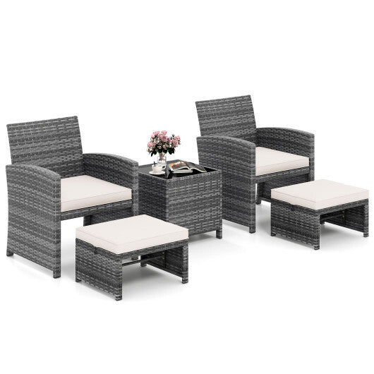 5 Pieces Patio Furniture Set PE Wicker Outdoor Lounge Chairs with 2 Ottomans-White