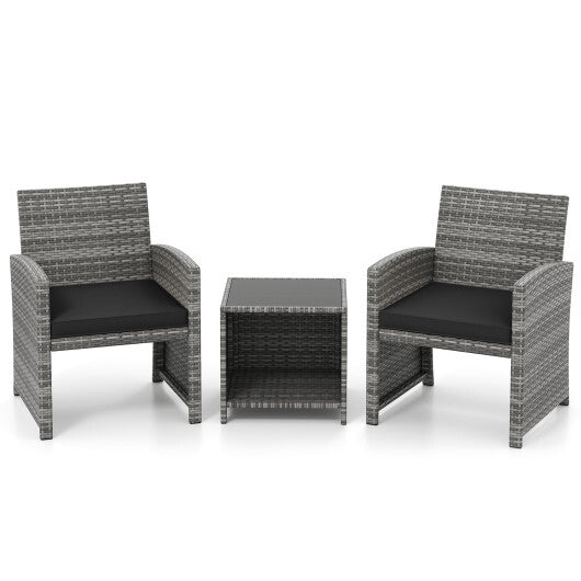 3 Pieces Patio Furniture Set with Tempered Glass Coffee Table and Soft Seat Cushions-White W2B