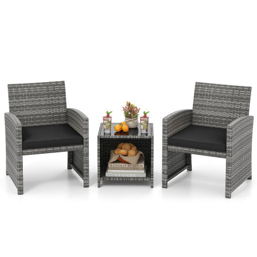 3 Pieces Patio Furniture Set with Tempered Glass Coffee Table and Soft Seat Cushions-White W2B