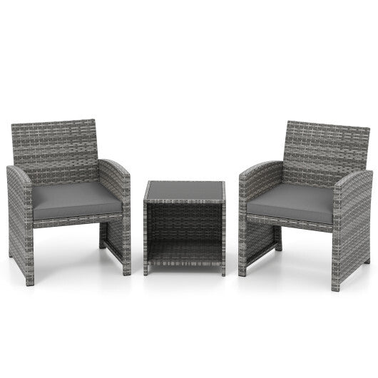 3 Pieces Patio Furniture Set with Tempered Glass Coffee Table and Soft Seat Cushions-White W2B