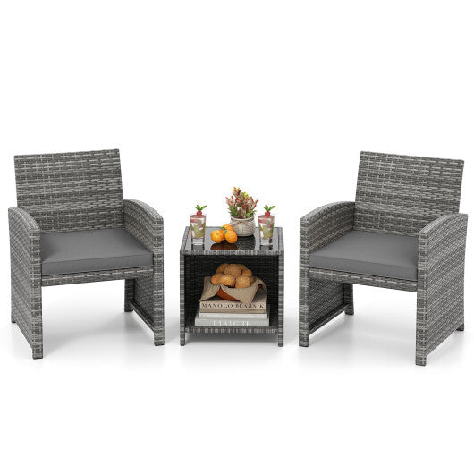 3 Pieces Patio Furniture Set with Tempered Glass Coffee Table and Soft Seat Cushions-White W2B