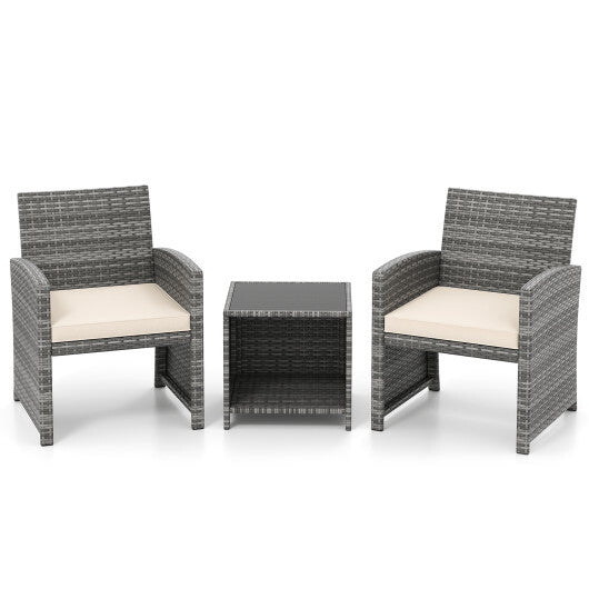 3 Pieces Patio Furniture Set with Tempered Glass Coffee Table and Soft Seat Cushions-White W2B