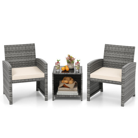 3 Pieces Patio Furniture Set with Tempered Glass Coffee Table and Soft Seat Cushions-White W2B