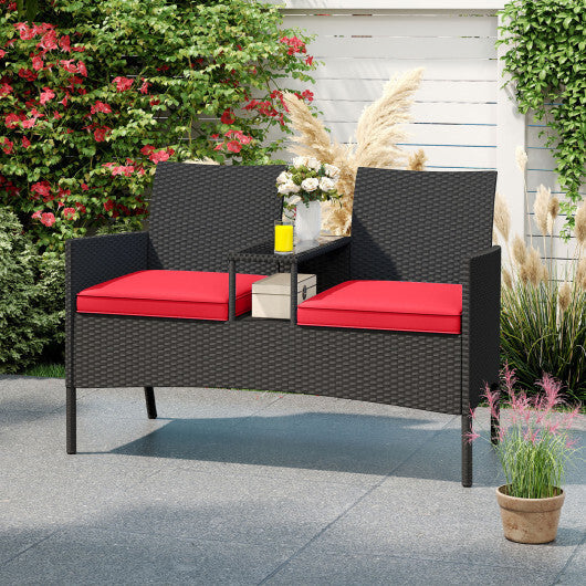 Patio Loveseat with Built-in Table for Backyard Porch-Red W2B