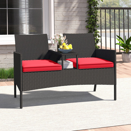 Patio Loveseat with Built-in Table for Backyard Porch-Red W2B