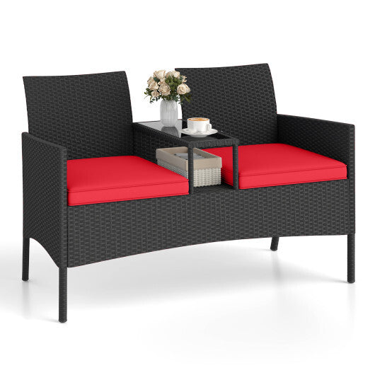 Patio Loveseat with Built-in Table for Backyard Porch-Red W2B