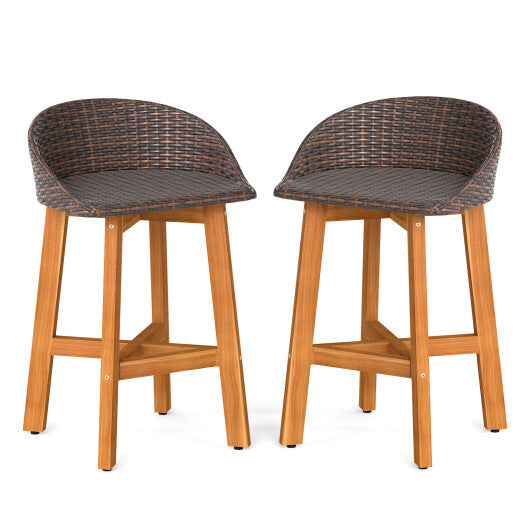 Outdoor Faux Rattan Bar Chairs Set of 2 with Ergonomic Backrests and Footrests-Brown W2B