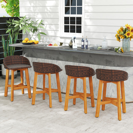 Outdoor Faux Rattan Bar Chairs Set of 2 with Ergonomic Backrests and Footrests-Brown W2B