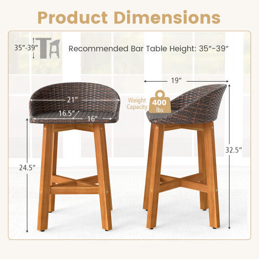 Outdoor Faux Rattan Bar Chairs Set of 2 with Ergonomic Backrests and Footrests-Brown W2B