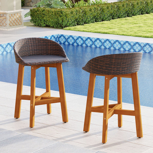 Outdoor Faux Rattan Bar Chairs Set of 2 with Ergonomic Backrests and Footrests-Brown W2B