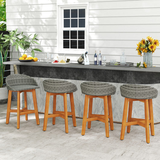 Outdoor Faux Rattan Bar Chairs Set of 2 with Ergonomic Backrests and Footrests-Brown W2B